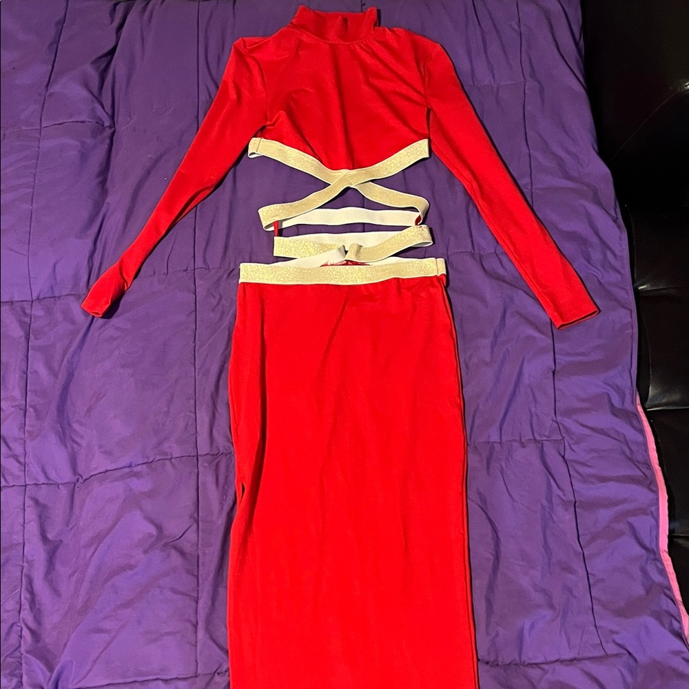 SHEIN Red and Cream Backless Dress